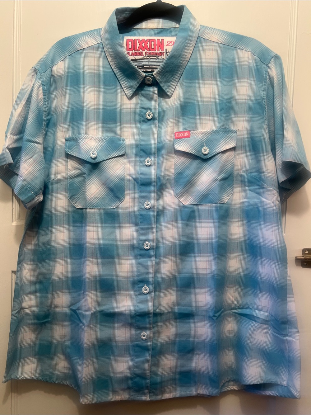 DIXXON Women’s Fria Teal & White Plaid Short-Sleeve Button-Up Shirt 2X/XXL EUC